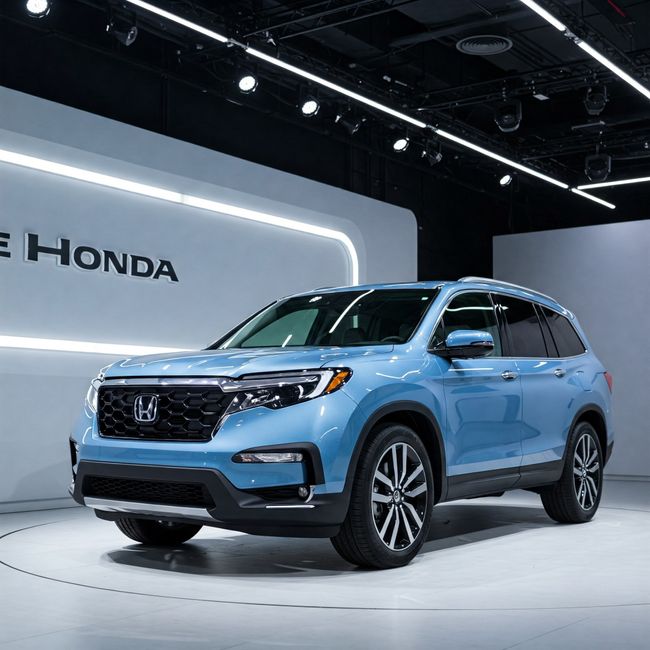 A sleek light blue Honda SUV displayed at an auto show, positioned on a glossy white platform with a modern, minimalist backdrop featuring the Honda logo in black lettering. The vehicle has a contempo