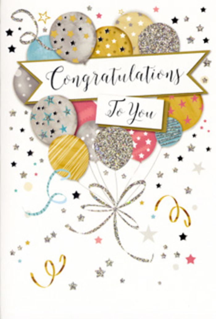 This congratulations card is illustrated like a softly glowing celebration, ideal for accompanying a fragrant bouquet delivered across the Chase Cross area. A cluster of balloons forms the focal point, gathered in the middle of the card as if held together by an invisible hand. Each balloon is painted in muted yet luminous shades-rich gold, polished silver, warm champagne, powder blue, and gentle rose pink-creating a harmonious palette that feels refined rather than loud. The surfaces are embellished with fine details: some balloons are ringed with slim bands of colour, others are sprinkled with tiny stars or brushed with glitter-like highlights that imply a faint sparkle when the light catches them. Slender ribbons trail downward from the cluster in delicate lines of gold and silver, gently curling as though drifting in a quiet indoor breeze in a Chase Cross home. The background is soft and pale, subtly animated by clusters of miniature metallic stars, confetti dots, and sweeping curls that mimic the playful flight of party streamers. A beautifully drawn banner crosses the centre, partly overlapped by the balloons, its flowing edges giving a sense of graceful motion. On the banner, a traditional congratulations message appears in ornate, looping script that feels both personal and timeless, suitable for graduations, promotions, or any important achievement. As a florist frequently asked to add just the right card to a bouquet for celebrations throughout Chase Cross and the surrounding streets, this design reads as a quiet but unmistakable expression of joy-elegant, uplifting, and made to honour moments of genuine pride.