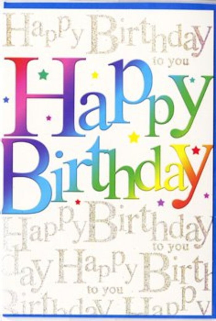 In this image, the front of a birthday card is displayed, its design radiating the same upbeat spirit you might feel walking past a weekend celebration in Chase Cross. At the heart of the card, the words Happy Birthday sweep across in bold, rounded letters that transition through a full rainbow of colour. The gradient in each letter is soft and fluid, beginning with rich, berry reds and fiery oranges at one end, moving through honeyed yellows and lively greens, then deepening into cool blues and royal purples at the other, much like the varied tones in a mixed birthday bouquet on a Chase Cross kitchen table. The letters are crisp at the edges, with a subtle glow inside the colour that makes them stand out from the background, almost as if they have been gently illuminated. Behind this bright central message, the entire backdrop is filled with delicate golden script repeating the phrase Happy Birthday to you. The lettering is fine, cursive, and slightly shimmering, suggesting either glitter ink or a foiled finish that catches light without becoming overpowering. Tiny stars and flecks of colour are scattered playfully across the card, giving the impression of confetti resting lightly after a joyful toss. The card stock appears smooth, perhaps with a satin finish that feels pleasant to the touch and lets the colours stay rich and even. As a florist used to pairing vivid gerberas with soft filler flowers for customers all over Chase Cross, I see a similar artistry here: exuberant colour balanced with intricate, thoughtful detail. This card feels ideal for anchoring a birthday display-propped up beside a fresh arrangement and a cluster of presents, quietly echoing the happiness of the day.