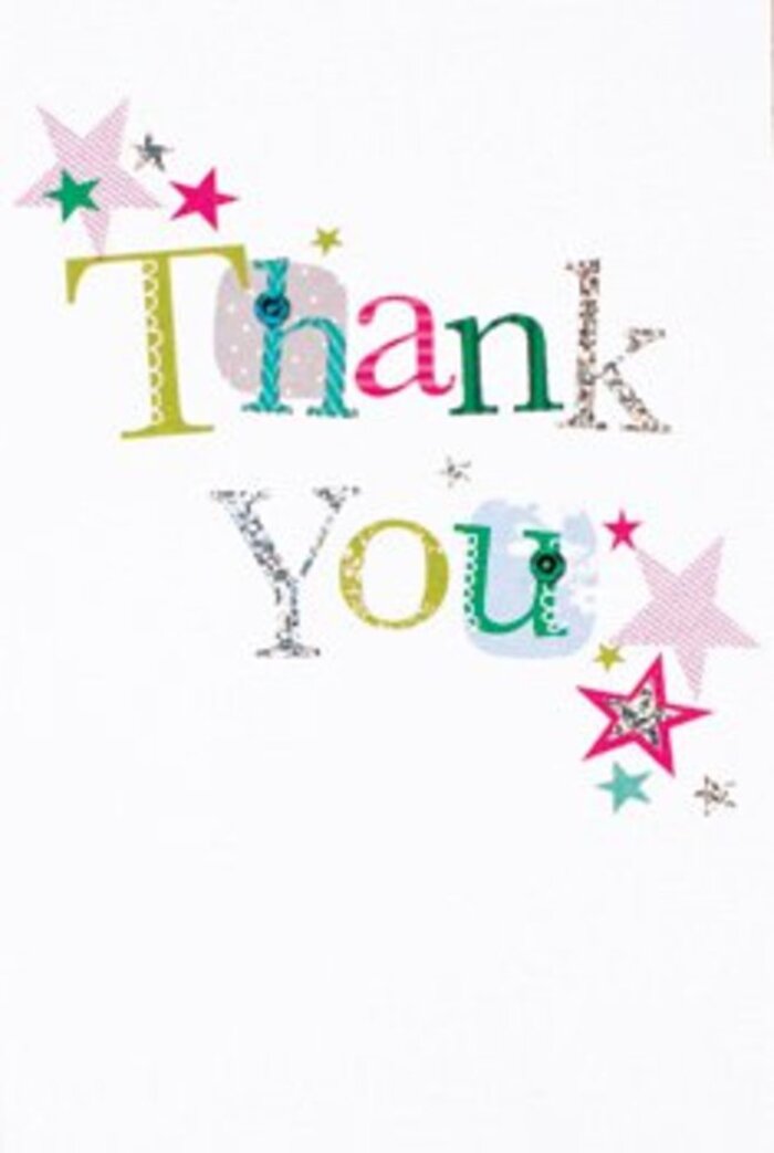 Delicately composed, this thank you card holds a quietly jubilant charm, reminiscent of the friendly surprises found along Chase Cross's inviting lanes. Each letter in 'Thank You' is illustrated with its own delightful character-some celebrated with bright dots or stitched accents, others smooth and sweeping in soft gradients of lime, pink, and blue. Vivid stars, shaded in silver, rose pink, and turquoise, cluster around the central message, sparking a sense of gentle festivity that would feel at home after any gathering in Chase Cross Community Centre. The background's crisp white expanse illuminates each colourful detail, creating space for every nuance to shine without clutter. This thoughtful balance of whimsy and subtlety is perfectly suited to be paired with a fresh floral bouquet, ready for delivery by a local florist to homes on Hillrise Road or nearby Romford. The mood is quietly uplifting, offering gratitude wrapped in creative artistry-warm, memorable, and unmistakably local.