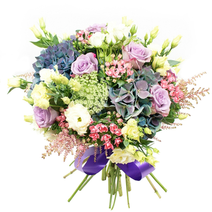 Designed by Chase Cross Florist for those who appreciate thoughtful beauty, this bouquet brings together a contemporary palette and classic floristry. The centrepiece-a lavish mix of indigo, teal, and soft purple hydrangeas-anchors the arrangement, reminiscent of the ever-changing blooms found in local green spaces. Intermixed are full roses in lavender and white, each petal impeccably shaped and invitingly soft. Plush white ranunculus add gentle volume and tactile appeal, while slender lisianthus in pale yellow shades extend delicately through the ensemble, suggesting freshness and renewal seen on spring mornings in Chase Cross's residential gardens. Sprays of fuchsia-pink filler flowers and ethereal, feathery astilbe in pale blush dance at the edges, while airy light green and white fillers-similar to Queen Anne's Lace-bring in textural complexity. Lush, dark green foliage subtly fills the spaces, highlighting the bouquet's layered composition. All stems are expertly tied with a broad, glossy purple satin ribbon, adding a final note of sophistication and pulling together the cool, elegant palette. Against a clean white background, this arrangement radiates both sumptuousness and refinement, ideal as a show-stopping gift for celebrations, anniversaries, or as an elegant addition to homes in the Chase Cross area.