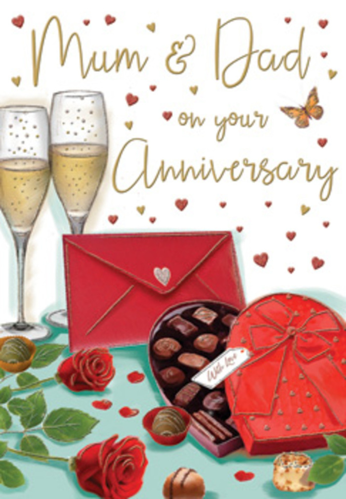 This anniversary card illustration captures a luxurious, intimate moment that feels right at home in a Chase Cross setting, surrounded by family memories and shared traditions. Dominating the centre are two tall champagne flutes, standing close together like partners who have grown side by side over the years. The crystal-clear glass reflects gentle, ambient light, while inside, a pale golden champagne sparkles with fine bubbles that seem to pause mid-rise, preserving the instant just before a heartfelt toast. In the foreground, a romantic heart-shaped box of chocolates takes pride of place. The box is wrapped in a deep red hue and crowned with an extravagant satin bow whose loops are full and soft, the ribbon ends curling around the lid in elegant folds. The lid is open to reveal carefully arranged chocolates, each glossy and rounded, resting in neat rows within dark paper cups, evoking the kind of thoughtful treat shared after dinner in a Chase Cross home. Nearby, two lush red roses stretch across the table, their petals plush and velvety, arranged with the same care a local florist might show when preparing anniversary flowers for delivery to streets around Chase Cross and Collier Row Lane. Green leaves fan out from the blooms, providing a vibrant contrast and adding a touch of natural freshness to the opulent reds. A few scattered chocolates sit near the roses, hinting at indulgence and relaxed conversation. Around this central tableau float small golden and crimson hearts, gently framing a warm Mum & Dad greeting written in flowing, affectionate script. A vivid scarlet envelope lies close by, sealed, its presence suggesting a hand-written message full of gratitude and love. The overall atmosphere is soft and glowing, like evening lamplight in a well-loved home, celebrating years of partnership, shared stories, and the quiet joy of an anniversary marked with simple but meaningful pleasures.