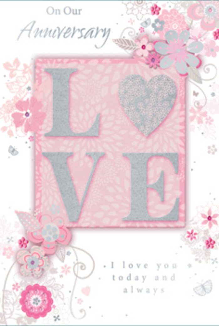 This beautifully designed anniversary card opens like a sunlit room filled with soft colour and quiet affection, reminiscent of leisurely weekend mornings in Chase Cross. The central motif is the word LOVE, each letter tall and graceful, embellished with an elegant layer of frosted glitter. The shimmer is subtle yet captivating, creating tiny reflections as though someone had lightly dusted the card with starlight. The letters are gently embossed, inviting touch and adding a sense of craftsmanship similar to that found in a carefully wired bouquet. Surrounding this focal word, wispy, hand-drawn blooms trail along the borders of the card. Their petals are shaded in pink, lilac, blush, and creamy ivory, blending harmoniously like a pastel arrangement prepared for same-day delivery around Chase Cross and Collier Row. The flowers appear to drift softly across the card, connected by fine stems and tendrils that curl in delicate, looping lines. Among these, dainty leaves and almost-hidden butterflies are tucked away, their shapes so light they feel like fleeting glimpses, much as one might catch of small garden visitors in local backyards. The background maintains a soft, warm tone, as though sunlight were filtering through sheer curtains, illuminating the design without harsh shadows. Nestled thoughtfully within this floral frame is the message, I love you today and always, presented in graceful, understated type. The lettering's gentle curves echo the flowing stems and petals, tying text and artwork together. Overall, the card feels like a hand-tied bouquet translated into paper-quietly fragrant in spirit, filled with gratitude, hope, and the enduring promise of shared days in the Chase Cross community.