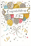 This congratulations card captures the feeling of a joyful moment suspended in time, much like the instant you hand over flowers at a doorstep in Chase Cross and see someone's smile broaden. In the centre, a loose spray of balloons rises upward, layered in a way that gives a gentle sense of depth and buoyancy. The colours are a carefully chosen mix of metallic gold, silver, champagne, sky blue, and soft pink, all softly glowing rather than glaringly bright. Each balloon is graced with its own subtle decoration-faint stripes, clusters of tiny stars, or sprinkled flecks that resemble delicate glitter-so the eye moves easily from one to the next, noticing the variety within the harmony. From the base of the cluster, slim gold and silver ribbons cascade downward, curling and looping across the lower part of the card, like the graceful tails of curling ribbon that finish off a hand-tied bouquet. The background is a gentle neutral shade, scattered with miniature star shapes, dots, and swirled lines, suggesting confetti drifting through the air at a modest but heartfelt party in a Chase Cross living room. A sweeping banner stretches horizontally across the middle, nestled among the balloons, with flowing, calligraphic lettering that spells out a warm congratulations in an elegant, classic style. Overall, the mood is one of soft glamour and genuine happiness-perfect for celebrating a new job, graduation, exam success, or any cherished achievement within the Chase Cross community, where a card like this often arrives tucked beside fresh blooms on a special day.