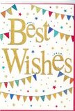 This congratulations card radiates a gentle, celebratory charm, reminiscent of the relaxed happiness of an afternoon gathering in Chase Cross. Its backdrop is a pure white, giving the design a fresh and airy feel. In the middle, the words Best Wishes are rendered in elegant, embossed gold script, the lettering shimmering softly with a fine glitter finish that invites touch as much as sight. The flowing calligraphy curves and sweeps across the card with easy confidence, suggesting warmth, sincerity, and genuine good intentions. Framing the message, garlands of colourful bunting stretch in gentle arcs at the top and bottom, like strings of flags hung across a Chase Cross garden fence. Each tiny triangular flag is painted in vivid colours-bright red, sky blue, sunny yellow, and lively green-and many carry simple patterns, from playful polka dots to neat stripes and geometric touches. A modest sparkle on some of the pennants hints at movement, as if they are lightly swaying in a summer breeze. Scattered between the bunting strands and around the golden words are miniature stars and dot-shaped confetti in coordinating hues, drifting across the white space as though sprinkled at the height of a celebration. These floating details add rhythm and a sense of joyful spontaneity without cluttering the design. The card feels optimistic and inclusive, ideal for sending congratulations for a new home near nearby Collier Row, a promotion, exam success, or any new beginning. When teamed with a fresh floral arrangement from Chase Cross Florist, it becomes a complete, heartwarming gesture that carries both colour and kind words.