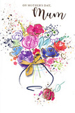 This Mother's Day card features a spirited watercolour bouquet that seems to hover in mid-air, the way a freshly arranged bunch might appear when first lifted from a florist's bench in Chase Cross. At the heart of the composition, lush cerise and fuchsia flowers bloom in generous, overlapping strokes, their silhouettes lightly guided by deep indigo lines that mimic the subtle shadows within real petals. Cooler accents of sky blue and soft lavender weave around the warmer tones, allowing the eye small moments of rest and making the overall palette feel both vibrant and serene. Fine filigrees of gold paint add a hint of shimmer to select petals and stems, sparkling just enough to suggest light catching on delicate textures. Around the bouquet, the artist has left expanses of white, punctuated by gentle paint spatters and tiny heart shapes that radiate outward like affectionate thoughts or whispered thanks. The flowers are gathered into a simply drawn vase, rendered with soft curves and a transparent wash of colour, tied at the neck with a neat golden bow, recalling the finishing flourish given to hand-tied gifts prepared for same-day delivery around Chase Cross. The entire image communicates warmth, joy, and appreciation without a single word printed on the card. It feels like an invitation to pause, reflect, and say, You are loved, offering a lasting visual token of the bond between mother and child.