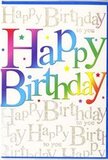 The photo presents a birthday card front that captures the carefree happiness of a Chase Cross birthday gathering. The central feature is the phrase Happy Birthday, written in big, inviting letters that curve slightly across the card, each one filled with a rich sweep of colour that moves from shade to shade like a soft rainbow. Reds melt into oranges, which drift into butter-yellow, spring-green, sky-blue, and deep violet, so that no two letters share exactly the same tones, much like the varied petals in a mixed floral display. The colours are smooth and slightly shaded at the edges, lending a gentle depth that makes the lettering seem to hover above the surface. Behind this cheerful headline, the background is covered in repeating golden script, delicately stating Happy Birthday to you in flowing cursive. The script has a light, glittery quality, as though fine gold dust had been brushed over the lines, catching flashes of light the way birthday candles flicker in a Chase Cross dining room. Small, multicoloured stars and specks are dotted around the letters, giving a sense of movement and festivity without crowding the design. The card itself appears to be made from smooth, good-weight cardstock with a soft sheen that enhances both the rainbow text and the shimmering gold background. As someone who often designs bright birthday bouquets for homes around Chase Cross, I recognise the same joyful intention here: a design that doesn't just say Happy Birthday but makes the recipient feel celebrated, cherished, and very much the centre of attention.