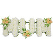 Here, a beautifully composed "MOM" floral tribute lies horizontally across the image, shown against a bright, uncluttered white backdrop that emphasises its clean lines and gentle colours. The letters are shaped in solid, uppercase block form and completely blanketed with countless small, white chrysanthemum-type blooms. These flowers are tightly grouped, creating a thick, cushion-like texture that suggests softness and calm, a visual echo of the comfort many associate with a mother's presence. The all-white base gives a feeling of peace and reflection, often chosen for services held in and around Chase Cross where families wish for a simple yet meaningful expression of farewell. A slim border of dark green foliage and ribbon outlines each letter, subtly revealing the thoughtful construction that keeps the tribute sturdy for display at a crematorium, church, or graveside. Three carefully positioned rose accents in gentle peach and apricot shades bring warmth and personality to the design. One sits on the upper left of the first "M", another rests at the lower connection point of the central "O", and the third adorns the upper right of the final "M". Each cluster combines open roses and tight buds, intertwined with sprigs of delicate fern and glossy leaves that add natural movement and depth. The contrast between the crisp white chrysanthemums and the softly coloured roses creates a harmonious, soothing palette. This "MOM" tribute would sit beautifully alongside other condolence flowers at a service in Chase Cross, Collier Row, or Romford, quietly speaking of love, remembrance, and gratitude without needing any words at all.