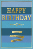 This birthday card captures a sense of gentle festivity through its thoughtful mix of cool blues and shimmering gold details, much like a quiet but meaningful birthday gathering in Chase Cross with close friends. The background is composed of large, horizontal blue stripes running cleanly from left to right. At the top, a deep navy stripe sets a rich tone, followed by increasingly lighter bands of royal, mid, and sky blue as the eye travels downward. The matte finish of the card keeps the colours soft and refined, giving them a velvety, almost fabric-like look. In the center, the key message HAPPY BIRTHDAY is spelled out in capital letters of embossed gold. Each letter stands proud, rising slightly above the surface and catching light with a soft metallic glimmer. Immediately beneath the greeting, a delicate golden flourish extends horizontally, its scroll-like lines adding a hint of classic elegance. Below this flourish, three slim gold banners sit in a neat column, each ribbon embossed with warm, relaxed wording: Relax, have a great day and enjoy! The banners' gold tone matches that of the main text, creating a harmonious balance against the cool blues. Around the outer edge of the card, a very fine gold border forms a complete frame, giving the whole design a polished, finished look. You might picture this card propped up beside a birthday bouquet from Chase Cross Florist on a dining table, the gold accents reflecting soft indoor lighting and the blues echoing the calm of an early evening sky over the local streets.