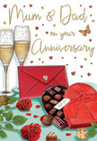 The scene on this anniversary card is a tender celebration of long-lasting love, illustrated as though set on a table in a cosy Chase Cross home where family and tradition are cherished. At the centre, two slim champagne flutes stand gracefully side by side, their glass catching a warm, mellow light. Each flute is filled with shimmering golden champagne, tiny bubbles rising in gentle streams that convey a sense of festive anticipation, as if the toast is moments away. In the foreground, an open heart-shaped chocolate box rests invitingly. Its outer shell is a rich, romantic red, and a lavish satin bow decorates the lid, with full, soft loops and gently trailing tails that add texture and luxury. Inside, neatly arranged chocolates sit in individual cups, some dark, some milk, all with a smooth, glossy finish that suggests indulgent richness. To one side, two red roses lie along the tabletop, their petals lush and velvety, unfolding in close, rounded layers, reminiscent of the carefully chosen stems local florists prepare for Chase Cross anniversaries and special occasions. Sprigs of fresh green leaves frame the roses, softening the scene and adding a hint of garden freshness. A few scattered chocolates rest nearby, as if already enjoyed during quiet conversation. Floating across the warm-toned background are tiny hearts in gold and crimson, drawing attention to the affectionate Mum & Dad script, which curves gently in a handwritten style. Near the edge of the scene, a bright scarlet envelope sits sealed and slightly angled, suggesting a personal note full of loving words waiting to be read. The entire composition feels like an intimate moment after a stroll through local parks or an evening with family, radiating warmth, appreciation, and the sweetness that comes from years of shared life and memories.